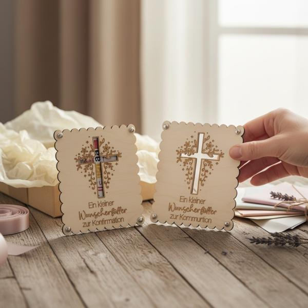 Holzkarte zur Konfirmation oder Kommunion mit eingelegtem Geldschein als Geschenkidee.